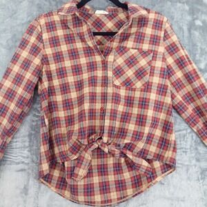 Hem & Thread Shirt Womens Small Red Blue Plaid Tie Front Button Up Long Sleeve